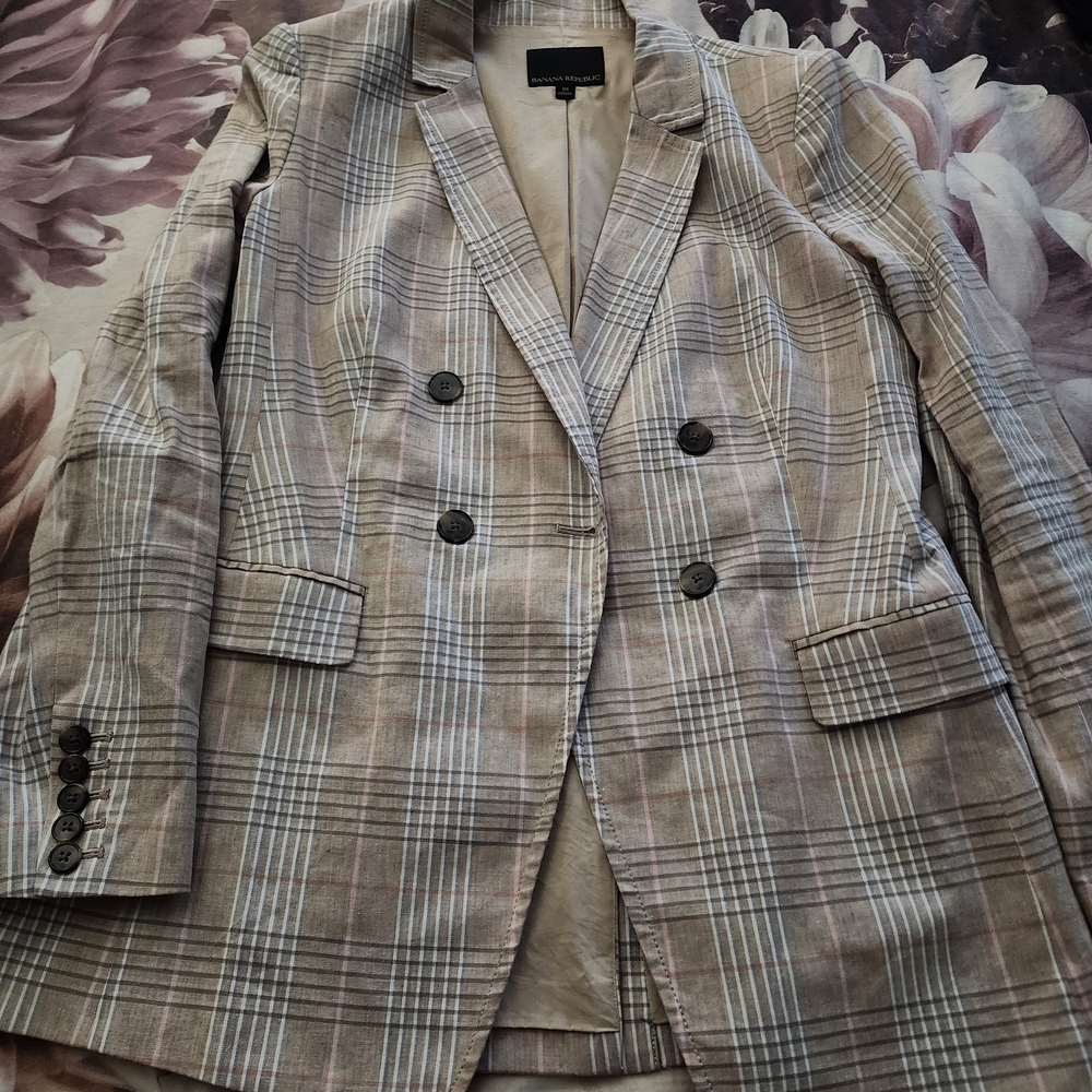 Banana Republic Taupe Checkered Double-Breasted Blazer